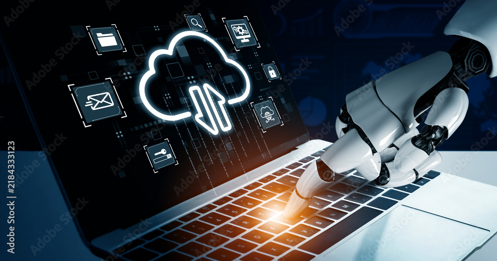 Obraz premium AI artificial intelligence optimizes cloud infrastructure with virtual assistants and intelligent automation, improving scalability, security, and digital business continuity. Vouch