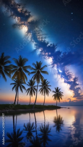 Dark night sky with stars and moon over Kudat island waters