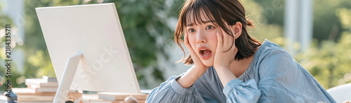 Shocked Artist's Canvas: A young woman, an aspiring artist, expresses sheer disbelief and shock as she gazes at her artwork on a canvas, her hands gripping her face in a moment of artistic revelation.