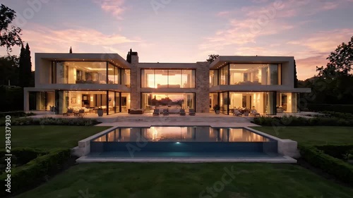 Modern luxury mansion with infinity pool at sunset, contemporary architectural villa exterior.