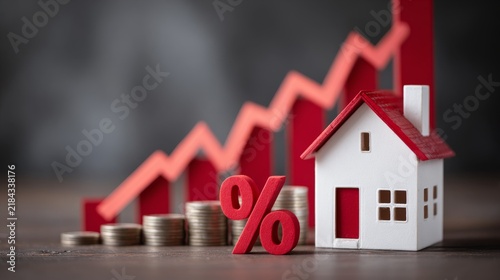 Mortgage refinance concept with red house, percent symbol and downward mortgage rate chart representing lower interest rates, home loan savings, financial market trends, property investment and housin