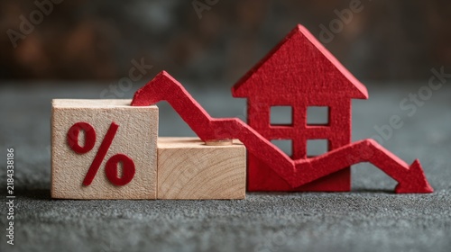 Mortgage refinance concept with red house, percent symbol and downward mortgage rate chart representing lower interest rates, home loan savings, financial market trends, property investment and housin
