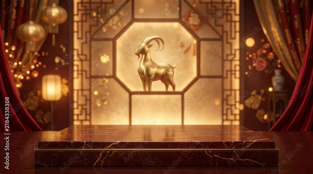 Fototapeta premium Golden Goat Statue in Traditional Chinese Festive Interior