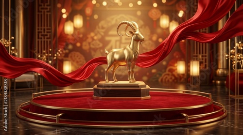 Golden Goat Statue on Red Pedestal with Traditional Chinese Decor