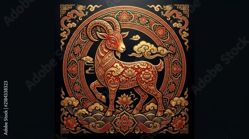 Ornate Chinese Zodiac Goat in Traditional Art Style
