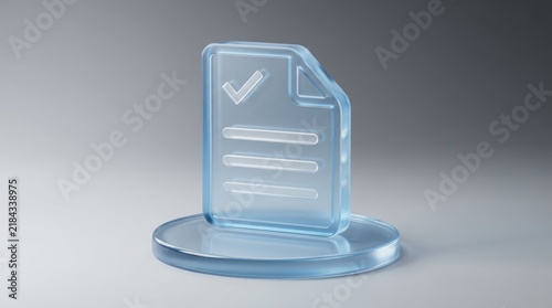 Transparent document icon with checkmark symbol on reflective base with three dimensional shape symbol inside clear displays checkmark confirmation