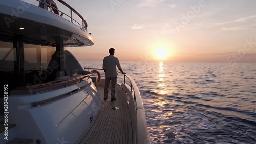 Man standing on luxury yacht deck watching sunset over ocean at sea