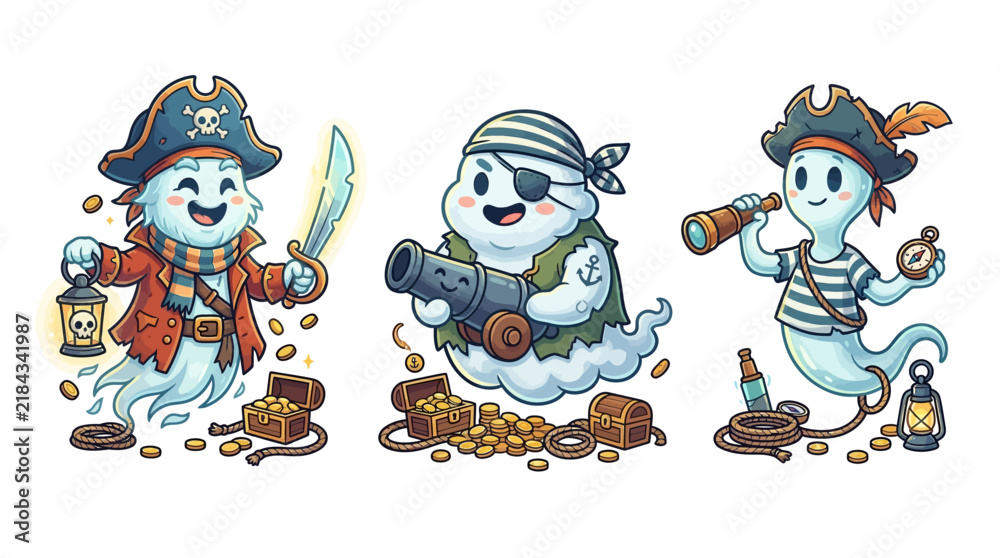 Obraz premium Cartoon ghost pirates celebrating treasure with pirate themed