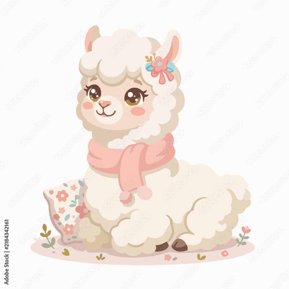 Fototapeta premium Cute Llama with Pink Scarf and Floral Pillow Illustration