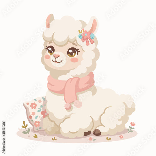 Cute Llama with Pink Scarf and Floral Pillow Illustration