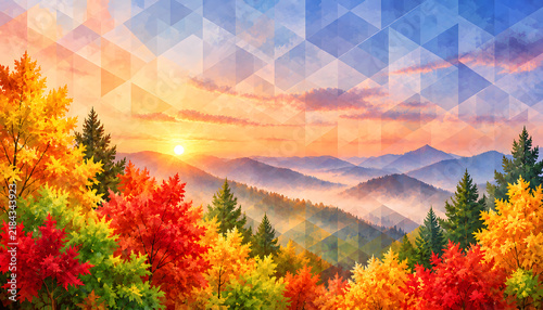淡い夕焼けに染まる紅葉の森と山並みの幻想的な幾何学風景
