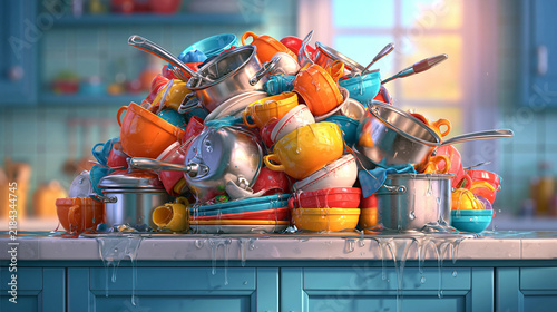 A Mountain of Dishes: A chaotic pile of colorful dishes, cups, and pots overflows on a kitchen counter, creating a scene of domestic disarray and the aftermath of a large meal.