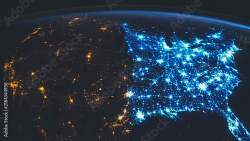 Contrasting blue and orange glow of USA cities from space