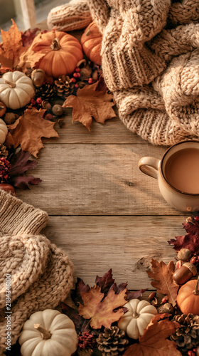 Cozy Autumn Hearth: A warm composition of pumpkins, colorful fall leaves, knitted blankets, and a steaming mug of coffee evokes the cozy comforts of the autumn season.