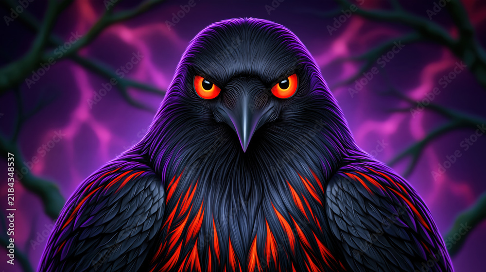 Obraz premium Dark raven portrait angry bird black feather red eye purple background horror style dark fantasy front view close up digital art