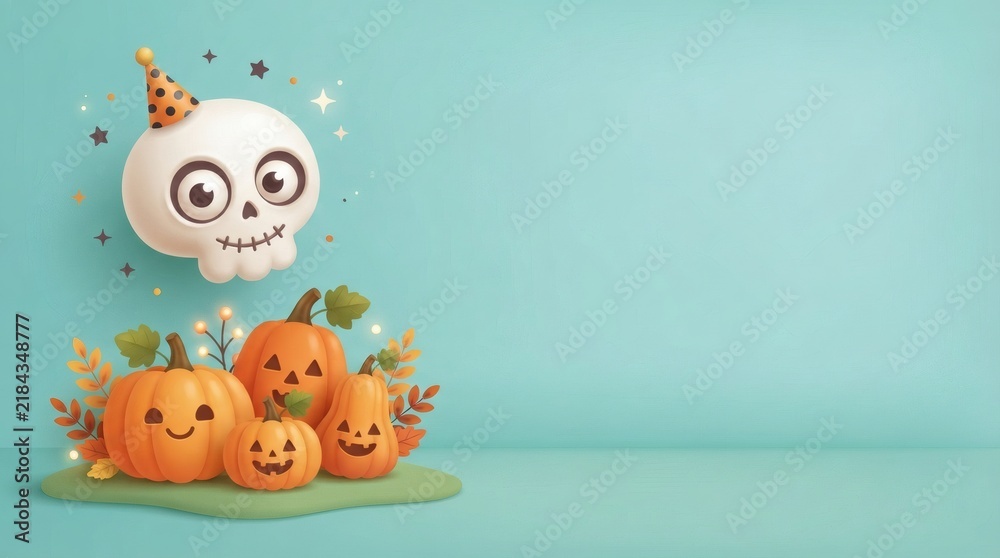Fototapeta premium Light Teal Background 3D Vector Skull Big Round Eyes Top Left Corner Pumpkins Below Right Side Open