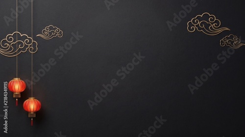 Elegant dark background with traditional lanterns and decorative clouds for the festive mid autumn festival celebration design