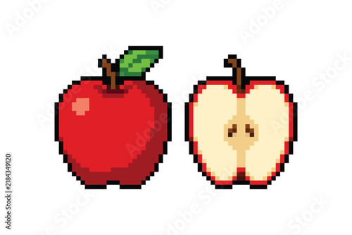 Retro Red Pixel Art Whole and Sliced Apple Fruit Icon for Farming Video Games