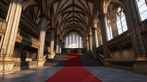 Grand hall royal staircase red carpet gothic arch stone interior vaulted ceiling symmetrical architecture empty interior cathedral style sunlit window palace hall monumental space luxury interior