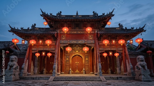 Traditional chinese temple decorated with glowing red lanterns for the beautiful and festive mid autumn festival celebration