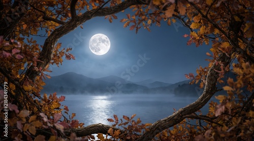 A beautiful full moon shining over a serene lake during the peaceful traditional chinese mid autumn festival celebration