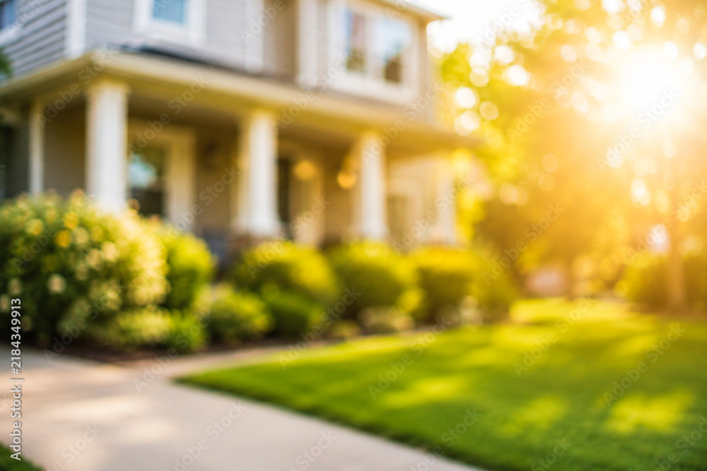 Obraz premium a residential house with a green lawn and shrubs bathed in sunlight. real estate background banner with bokeh light effect.