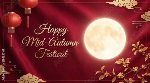 Beautiful red background design featuring a bright full moon for the traditional asian mid autumn festival celebration