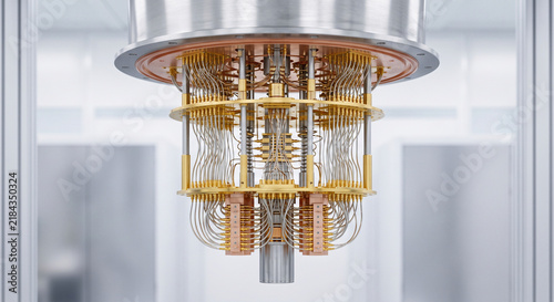 Close-up of Suspended Dilution Refrigerator Core and Gold Coaxial Cabling Inside Quantum Computing Cryostat