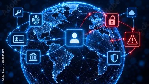 Global cybersecurity network showing digital earth globe defending against international cyber attacks and red data breach warnings