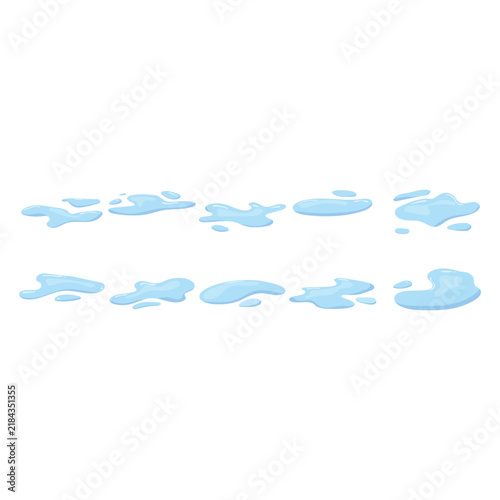 Collection of 10 water puddles isolated on white background, vector illustration of blue liquid spill set, rain puddle, wet floor, water splash, and cleaning product clipart