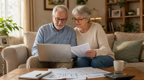 Elderly couple sitting together on a beige sofa in a sunlit living room, reviewing paperwork and bills beside an open silver laptop on a wooden coffee table