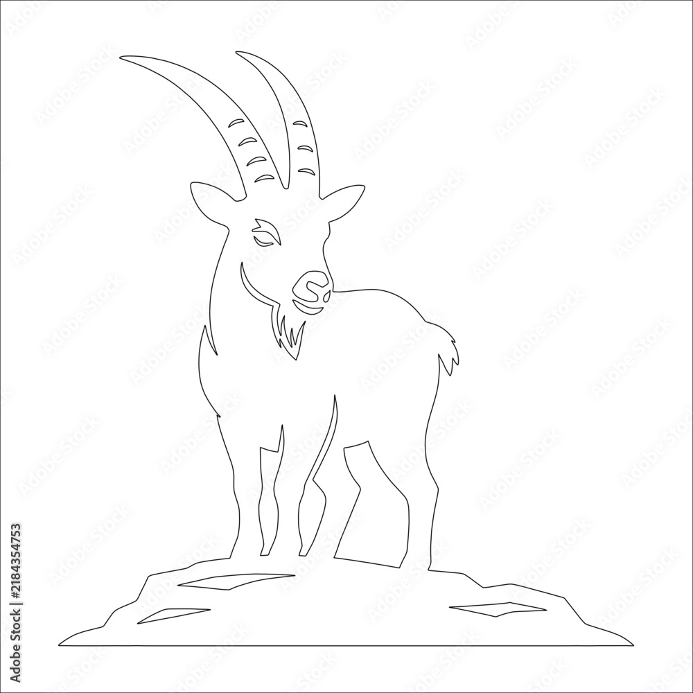 Fototapeta premium Mountain Goat Ibex Standing on Rocks - Line Art Vector for Laser Cutting and Engraving