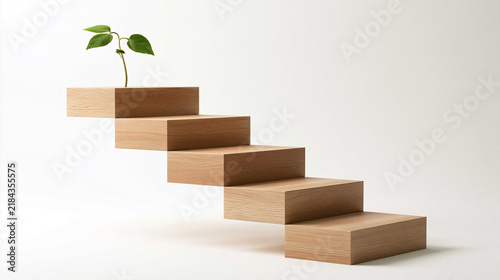 A Sapling Ascends Wooden Stairs: A small green sapling with two leaves emerges from a wooden block, symbolizing growth and progress as it sits atop a series of ascending wooden steps.
