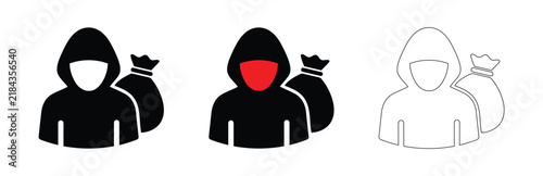 Thief person icon with money bags during night concept in flat style for security app
