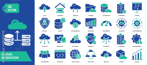 Cloud Migration Solid Icon Set. Featuring data transfer, cloud storage, system movement, and infrastructure transformation. Vector icons for cloud platforms and IT services.