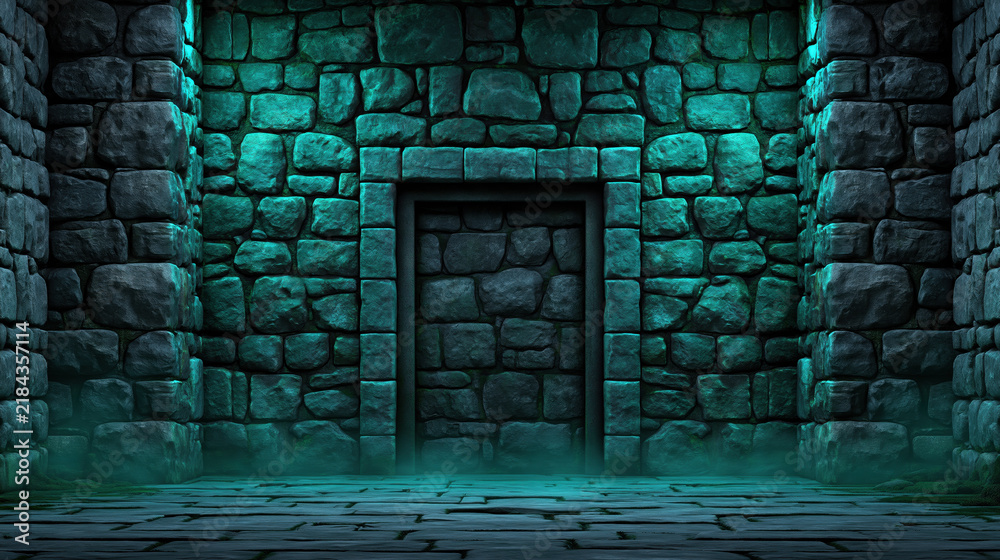 Obraz premium Ancient stone chamber entrance with teal light and mist, medieval underground passage in empty fortress interior