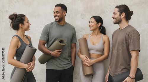 Four diverse adults in muted athletic wear smiling together against pale textured wall, casually holding rolled yoga mats during group fitness class, wellness and friendship concept with natural