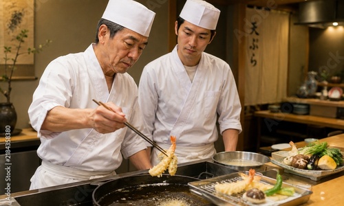 Plakat w ramie 天ぷらを揚げながら若手に技術を教える日本人男性職人・和食の調理技術継承