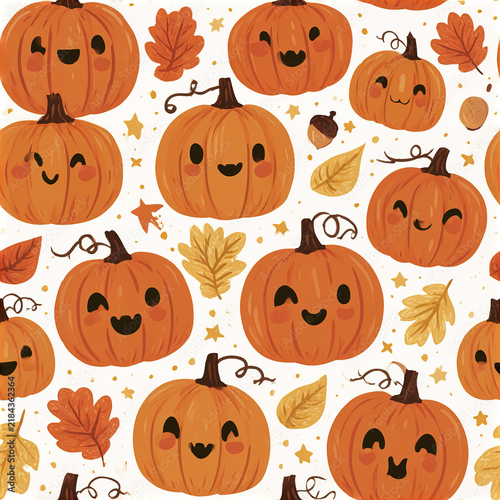 Fototapeta premium Cute pumpkin patch seamless pattern with smiling jack o lanterns, autumn leaves, acorns, and stars creating joyful fall
