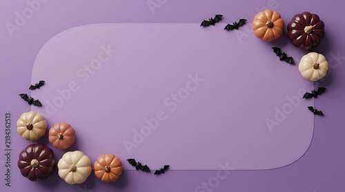 Festive halloween background featuring small decorative pumpkins and black bats arranged on a solid purple surface