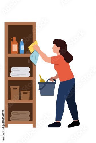 Woman in orange shirt wiping a tall wooden storage shelf with a cloth, flat vector illustration on a white background