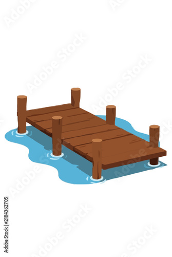 Wooden boat dock with wooden pilings extending over calm blue water, flat vector illustration on a white background