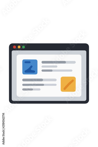 Computer browser window displaying webpage layout with image and text boxes, flat vector illustration on a white background