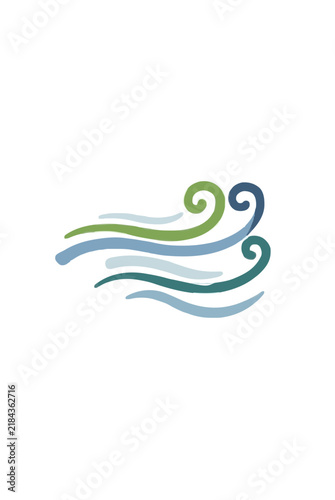 Stylized gust of wind icon with curling green and blue breezy swirl lines, flat vector illustration on a white background