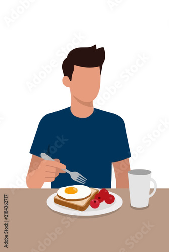 Young man holding fork eating fried egg on toast with berries and white mug, flat vector illustration on a white background
