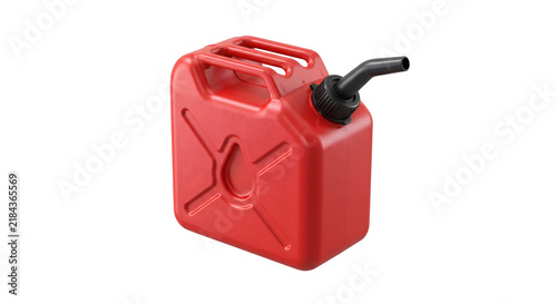 Fotografie Red plastic gasoline can with a black spout, commonly used for storing and transporting fuel