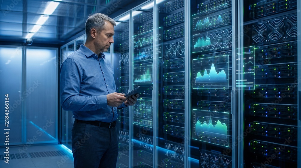 Fototapeta premium IT professional checking server data in a modern data center.