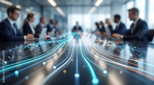 Business professionals in modern boardroom viewing glowing data stream connectivity lines projected on table surface representing digital infrastructure and networking technology concept