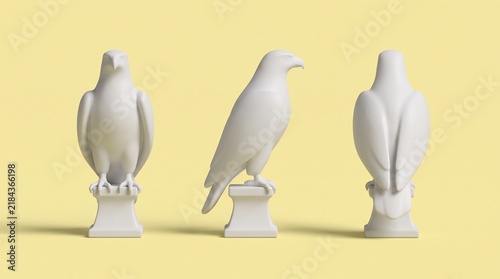 Eagle character 3D turnaround on yellow background. Front, side, back view perched bird model mockup
