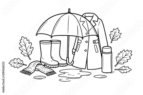 Raincoat stands behind an open umbrella, rain boots, scarf, and thermos bottle surrounded by falling autumn leaves in a line drawing.